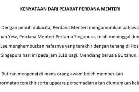 PERGINYA SEORANG PEMIMPIN: Kenyataan PMO tentang pemergian Encik Lee Kuan Yew awal pagi tadi. - Foto