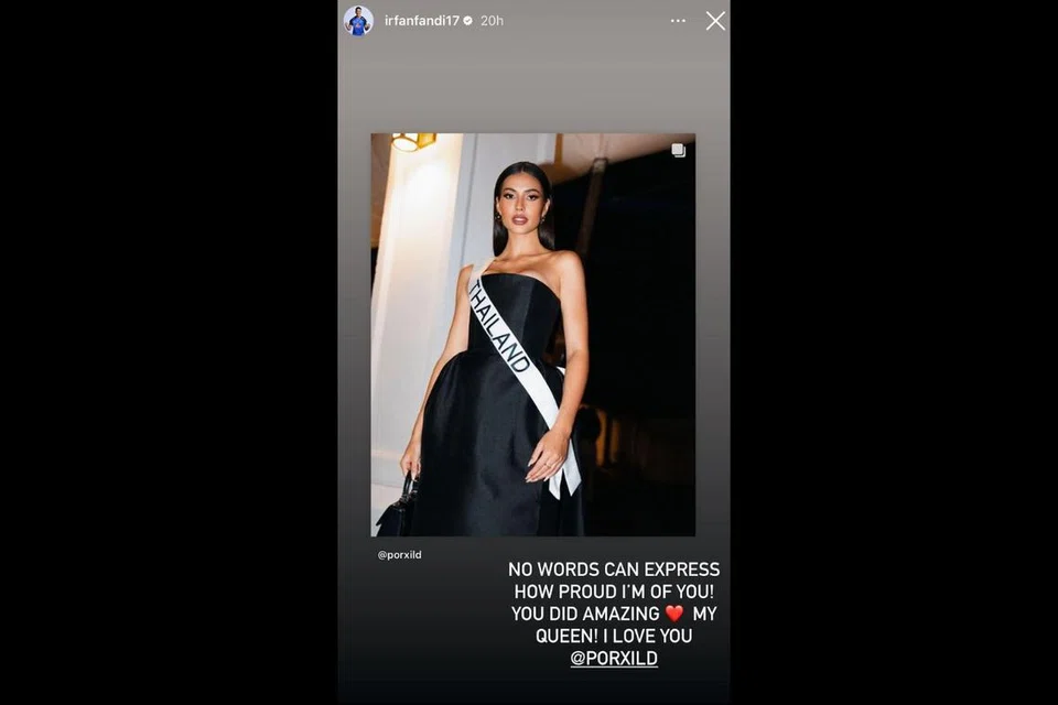 UCAPAN IRFAN: Tunggak pertahanan Singapura, Irfan Fandi, mengucapkan tahniah kepada temanitanya, Anntonia Porsild, atas meraih tempat kedua dalam peragaan Ratu Miss Universe baru-baru ini.