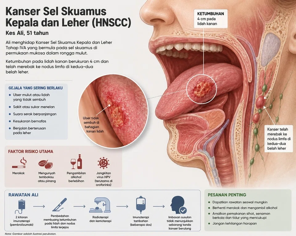 Infografik menunjukkan Barah Sel Skuamus Kepala dan Leher (HNSCC) Tahap IVA yang dialami Ali, 51 tahun, dengan ketumbuhan berukuran empat sentimeter pada bahagian kanan lidah yang telah merebak ke nodus limfa di kedua-dua belah leher. Ia turut memaparkan gejala dan faktor risiko utama penyakit itu, selain perjalanan rawatan Ali yang merangkumi imunoterapi, pembedahan, radioterapi dan kemoterapi sehingga imbasan susulan tidak lagi menunjukkan tanda barah berulang.