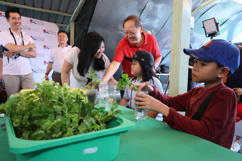 LAWAT KEBUN EKO: Menteri Tenaga Manusia merangkap Menteri Kedua Perdagangan dan Perusahaan, Dr Tan See Leng (empat dari kiri) bersama Penasihat Pertubuhan Akar Umbi (GRO) Pasir Ris-Punggol GRC Cik Yeo Wan Ling (tiga dari kiri) bertemu dua peserta cilik, Arissa Zahrah dan Ariz Ilhan di bengkel pertanian yang diadakan di City Sprouts@Punggol pada 7 Januari. 