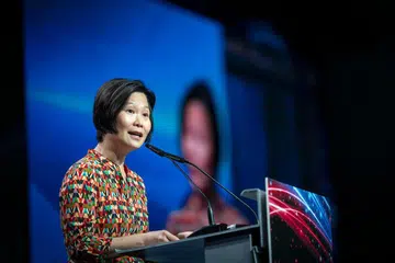 Menteri Negara (Tenaga, Perdagangan dan Perusahaan merangkap Ehwal Luar), Cik Gan Siow Huang, berucap pada acara Transformasi Industri Asia Pasifik (ITAP) di Pusat Konvensyen dan Pameran Suntec Singapore, pada 21 Oktober.