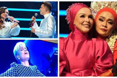 DI LUAR DUGAAN: Jaclyn Victor (kotak bawah, kiri) mengatasi masalah radang peti suara sehingga hilang vokal lemak merdunya awal minggu ini, membuktikan semangat bertanding membawa jaya dengan beliau dinobat sebagai juara Konsert Minggu Kesembilan. Di kota atas, kiri pula adalah foto Hady Mirza (kanan) berduet dengan Shiha Zikir yang dianggap romantis dan memiliki wajah persis penyanyi asal Kamu Kutunggu, Datuk Seri Rossa. Foto kanan pula menunjukkan Liza Hanim memujuk hati peserta ASGV yang tersingkir, Noryn Aziz.