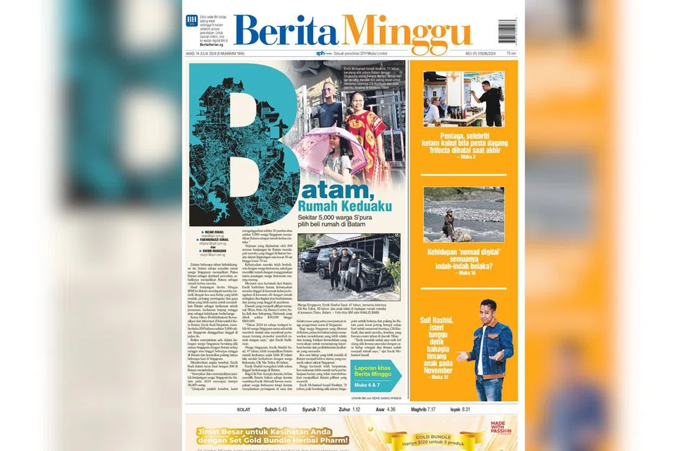 Laporan Batam Rumah Keduaku mengetengahkan kehidupan beberapa warga Singapura di pulau tersebut. Menurut pihak berkuasa Batam, terdapat sekitar 5,000 warga Singapura yang memiliki kediaman di sana. 