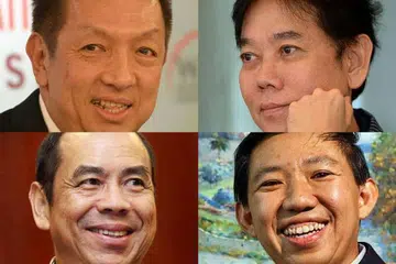 Antara sasaran Lee Sze Yong: (Ikut arah jam dari kiri atas) jutawan Peter Lim, pemilik BreadTalk George Quek, pengerusi Fragrance Group Koh Wee Meng dan 'raja popiah' Sam Goi. 