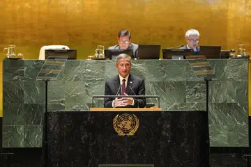 PELBAGAI KRISIS KINI DIHADAPI: Gambar menunjukkan Menteri Ehwal Luar, Dr Vivian Balakrishnan berucap semasa sesi ke-78 Perhimpunan Agung Pertubuhan Bangsa-Bangsa Bersatu (Unga) di New York. 
