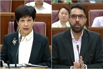 Ketua Dewan, Cik Indranee Rajah, dan Ketua Pembangkang, Encik Pritam Singh.