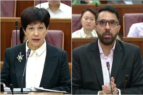 Ketua Dewan, Cik Indranee Rajah, dan Ketua Pembangkang, Encik Pritam Singh.