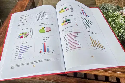 Buku tersebut turut mengandungi statistik seperti taburan umur, status perhubungan dan bilangan anak setiap keluarga.