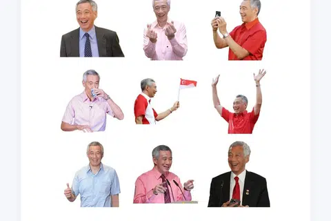 PELEKAT DITERBIT: Sebanyak 12 pelekat atau ‘sticker’ Perdana Menteri, Encik Lee Hsien Loong, dalam talian boleh didapati untuk pengguna WhatsApp dan Telegram.