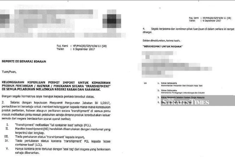 KELONGGARAN KEPERLUAN PERMIT: Surat edaran mengenai kelonggaran syarat permit import untuk produk pertanian yang dibawa ke negara ini melalui penghantaran. 