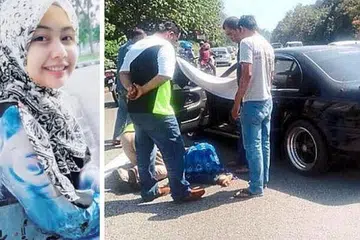 KORBAN CINTA?: Cik Nursyuhada, 19 tahun, (gambar kiri) yang dikelar teman lelakinya di Lebuh Raya Utara Selatan dekat Bukit Gantang, selamat dikebumikan semalam sementara teman lelakinya diberkas. - Foto-foto UTUSAN, THE STAR
