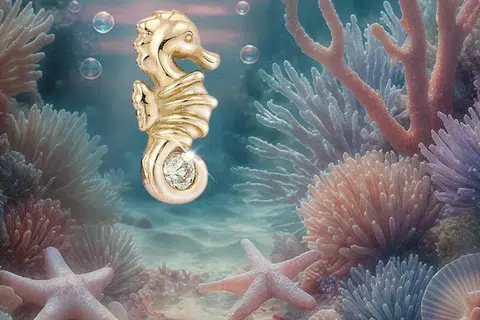 Dalam koleksi emas terbaru J&Co Jewellery bertema laut, subang emas tulen 14K ($249) menampilkan kuda laut dengan sentuhan kilauan berlian.