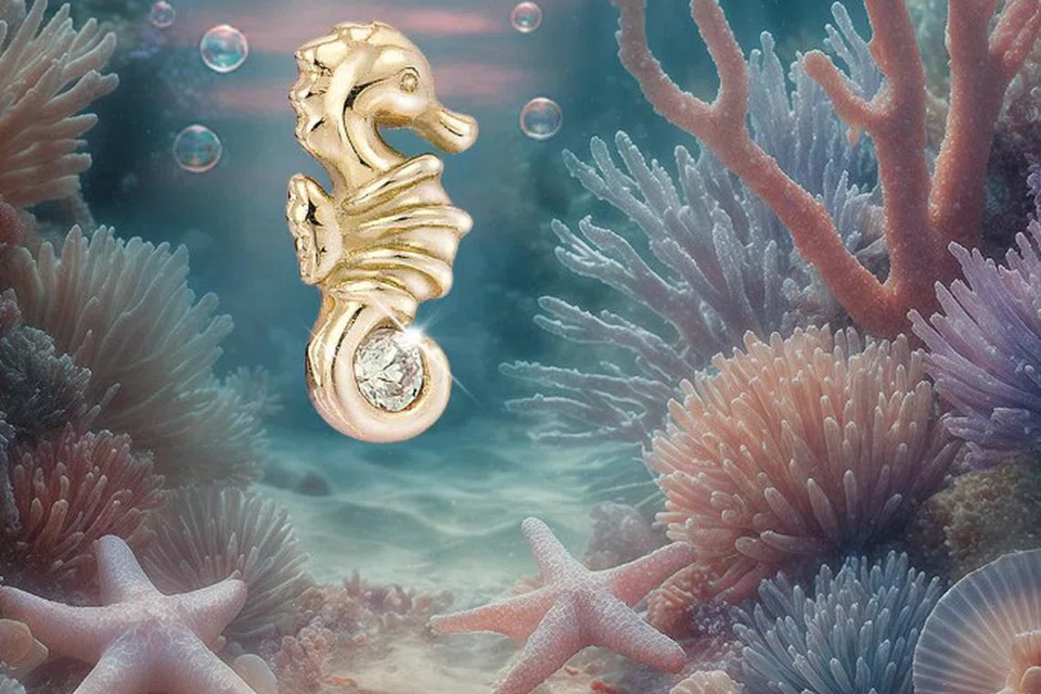 Dalam koleksi emas terbaru J&Co Jewellery bertema laut, subang emas tulen 14K ($249) menampilkan kuda laut dengan sentuhan kilauan berlian.