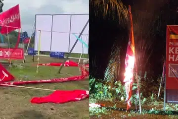 Keadaan bendera Pakatan Harapan (PH) yang dibakar dan dirosakkan selepas dipasang dalam tempoh kempen sempena Pilihan Raya Negeri (PRN) Negeri Sembilan.