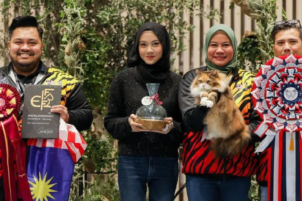 Pasangan suami isteri, Encik Shaharudin Shuib (kanan sekali) dan Cik Rooaida Mohd Darus (dua dari kanan), bersama kucing jalanan belaan mereka yang diberi nama Baby, yang menjuarai Pertunjukan Kucing Antarabangsa di Oslo, Norway.