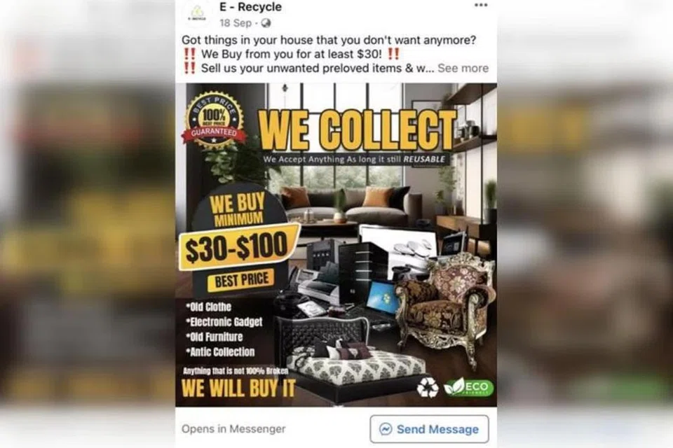 TANGKAPAN SKRIN: Tangkapan skrin iklan Facebook palsu oleh syarikat ‘E-recycle’ yang mendakwa membeli barangan terpakai seperti pakaian, elektronik dan perabot.
