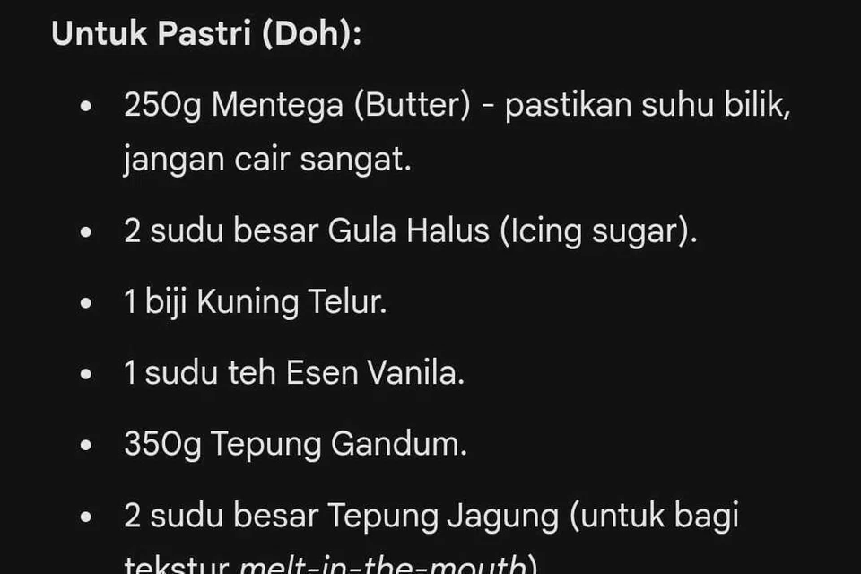 Antara hasil cadangan kecerdasan buatan (AI) untuk resipi tart nanas, termasuk bahan-bahan yang diperlukan dan sukatan berkenaan.
