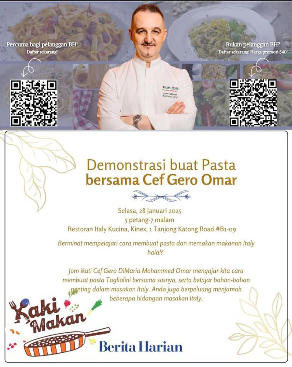 Jangan lepaskan peluang menyertai sesi masak bersama pemilik restoran Kucina, Cef Gero Di Maria Mohammed Omar. Peserta akan pelajari cara membuat pasta ‘tagliolini’ bersama sos yang lazat.