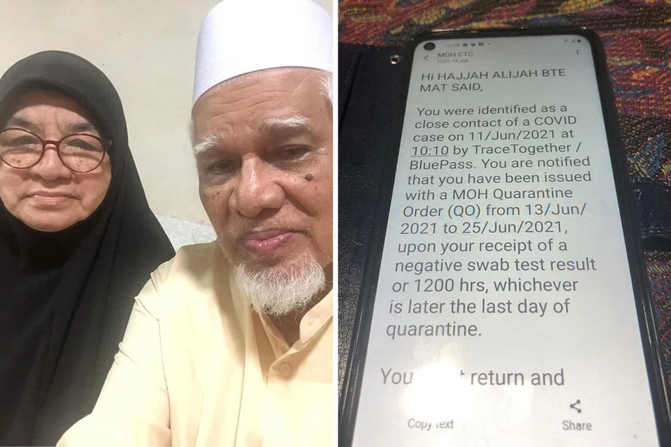 DIKUARANTIN DI RUMAH: Encik Ahmad Abu dan Cik Alijah Mat Said diberi perintah kuarantin hingga 25 Jun setelah Cik Alijah berkunjung ke pasar itu Sabtu lalu. - Foto-foto ihsan AHMAD ABU 