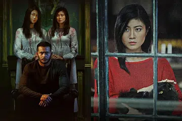 SERUPA TAPI TAK SAMA: Sasqia Dahuri (Atas) dan Elizabeth Tan (di sebelahnya) sama-sama membawa watak Dilaila dalam filem 'Misteri Dilaila' sementara Zul Ariffin sebagai suami yang bingung dengan kehilangan isterinya. - Foto ASTRO SHAW