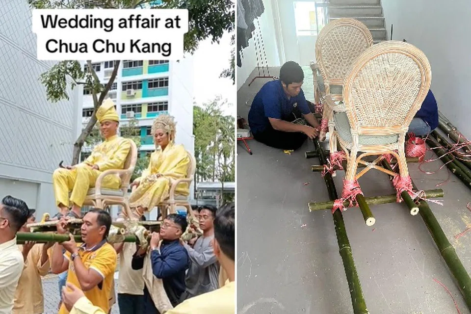 SAMBUTAN MERIAH: Pasangan pengantin baru, Encik Nazran Zaiyani Ahmad Jufri, 26 tahun dan, Cik Nor Natisha Yusoff, 24 tahun (kiri) diusung tandu yang dibina sendiri oleh keluarga Encik Nazran (kanan).