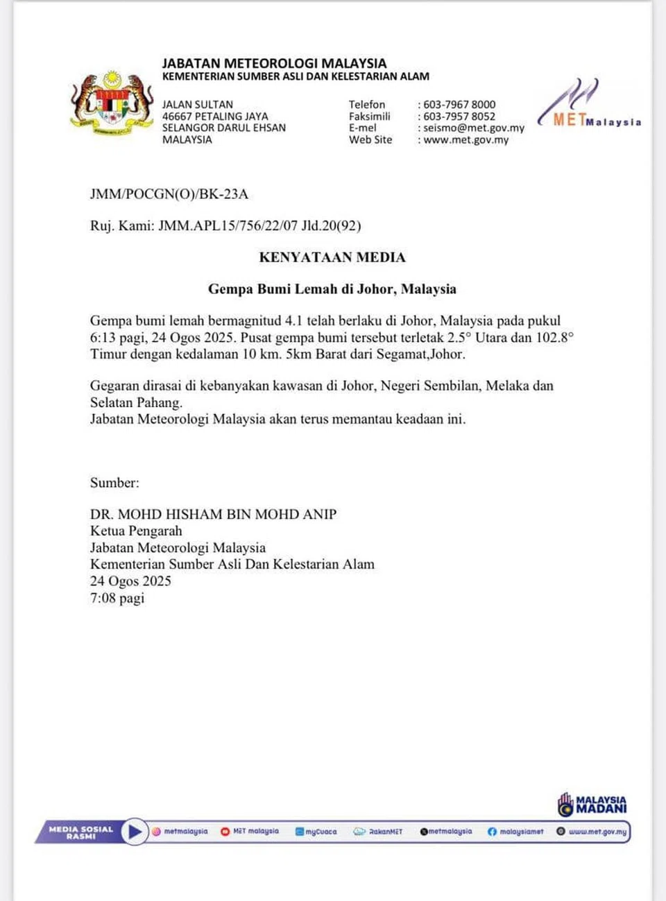 Kenyataan Jabatan Meteorologi Malaysia