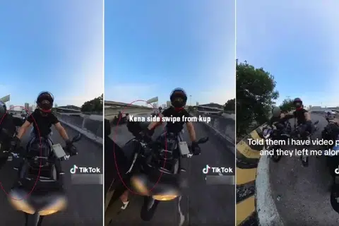Tangkap layar video menunjukkan seorang penunggang yang dipercayai rakyat Malaysia kelihatan sengaja melanggar kotak barang ke tuil brek tangan penunggang asing.