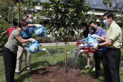TANAM POKOK: Anggota Parlimen bagi GRC West Coast, (dari kiri) Cik Foo Mee Har, Encik S Iswaran, Cik Rachel Ong, Encik Desmond Lee dan Encik Ang Wei Neng menyiram sebatang pokok yang baru mereka tanam sewaktu perasmian bahagian pertama Taman Pasir Panjang semalam. - Foto BM oleh TIMOTHY DAVID