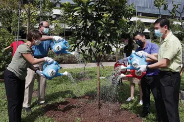 TANAM POKOK: Anggota Parlimen bagi GRC West Coast, (dari kiri) Cik Foo Mee Har, Encik S Iswaran, Cik Rachel Ong, Encik Desmond Lee dan Encik Ang Wei Neng menyiram sebatang pokok yang baru mereka tanam sewaktu perasmian bahagian pertama Taman Pasir Panjang semalam. - Foto BM oleh TIMOTHY DAVID