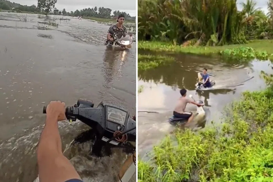 BUKAN PERKARA PELIK: Pemuda menunggang motosikal diubah suai agar boleh bergerak dalam kawasan paras air tinggi.