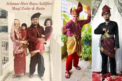 BUSANA SIAPA PALING HEBAT: Pertandingan menyolek tanjak anjuran Tanjak Mahkota SG telah menarik sebanyak 75 penyertaan dengan Encik Zakaria Ahmad bersama isteri dan anaknya (gambar kiri) muncul juara, diikuti Encik Amirul Asri (tengah) dan Encik Muhammad Naszerul Azeman. - Foto-foto FACEBOOK TANJAK MAHKOTA SG