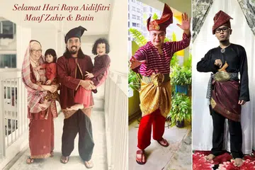 BUSANA SIAPA PALING HEBAT: Pertandingan menyolek tanjak anjuran Tanjak Mahkota SG telah menarik sebanyak 75 penyertaan dengan Encik Zakaria Ahmad bersama isteri dan anaknya (gambar kiri) muncul juara, diikuti Encik Amirul Asri (tengah) dan Encik Muhammad Naszerul Azeman. - Foto-foto FACEBOOK TANJAK MAHKOTA SG