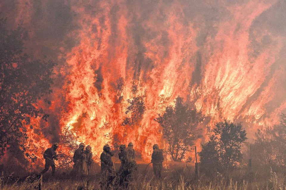 SEPANYOL: KEBAKARAN HUTAN: Para anggota bomba berusaha memadam kebakaran hutan di bahagian utara Sepanyol yang mengakibatkan sekitar 20,000 hektar kawasan musnah ekoran gelombang haba yang melanda wilayah Sepanyol itu. - Foto AFP