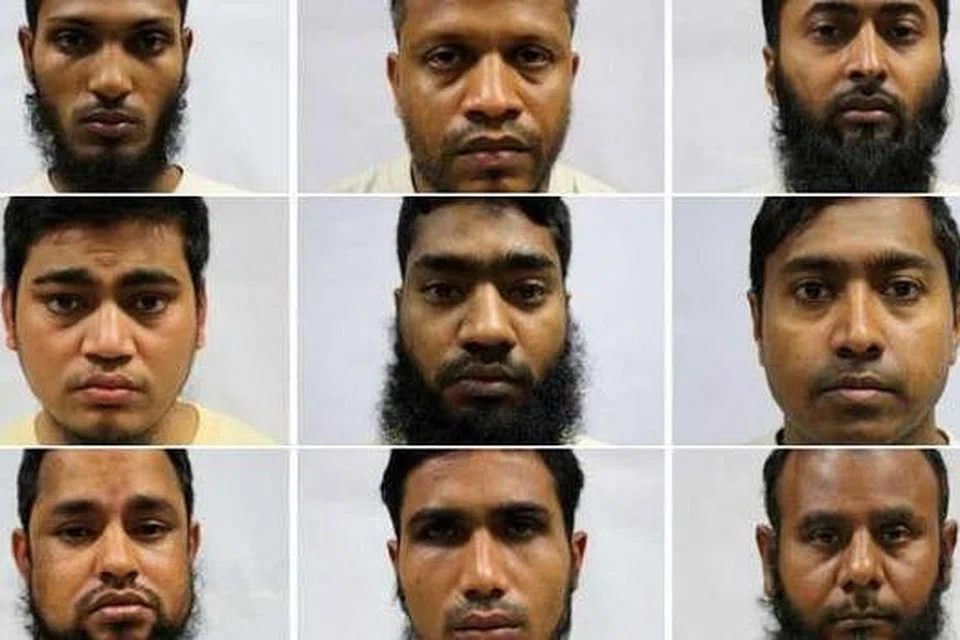 DITAHAN DIBAWAH ISA: (Barisan atas dari kiri) Md Zafor Iqbal Abul Hossain, 28; Md Zahidul Islam Md Foyej Uddin, 32; Mollah Md Shah Alam, 28. (Barisan tengah) Nurul Amin Younus Mulla, 30; Parvej Dolar, 35; Sarder Polash, 33. (Barisan bawah) Sujan Sha Alam, 35; Sumon Md Jakaria Hossen, 25; Tarikuzzaman Rejaul Hossain, 40. - Foto MHA