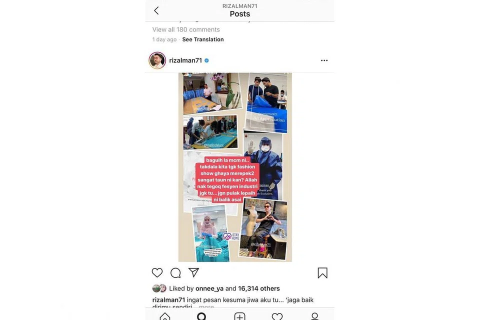 BAKAT UNTUK AMAL: Pereka fesyen Datuk Rizalman Ibrahim (bawah kanan) menyertai kumpulan pereka fesyen terkenal Malaysia menghasilkan gaun perlindungan keselamatan untuk anggota barisan hadapan perubatan. - Foto IG RIZALMAN