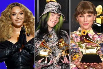 ANTARA PEMENANG: (Dari kiri) Beyonce menang Persembahan R&B Terbaik melalui lagu Black Parade dan Muzik Video Terbaik bagi Brown Skin Girl; Billie Eilish mengekalkan Rekod Terbaik menerusi Everything I Wanted; Taylor Swift menang Album Terbaik melalui Folkore. - Foto-foto AFP 