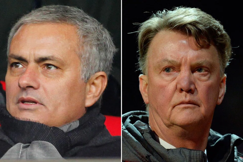 PENGGANTI: Jose Mourinho (kiri) dilaporkan oleh akhbar Sepanyol, El Pais, akan diberi pampasan $29.5 juta jika beliau tidak dilantik secara rasmi oleh United bagi membimbing United menggantikan Louis van Gaal (kanan) pada 1 Jun.