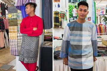 MENIMBANG PILIHAN: Encik Muhammad Iman mencuba baju Melayu di gerai A'niz (kiri) dan baju yang diilhamkan daripada kain pelekat di gerai Nawaituku (kanan). - Foto-foto ZALEHA ABDUL KADER