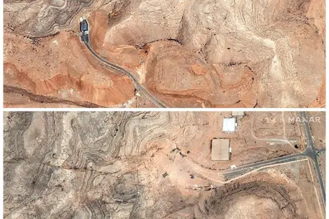 Gambar gabungan menunjukkan imej satelit pintu masuk terowong di Pusat Penyelidikan Teknologi Nuklear Isfahan di Iran, sebelum dan selepas diserang oleh tentera udara Amerika Syarikat yang berlaku di tengah-tengah konflik Iran-Israel, pada 20 Jun 2025.