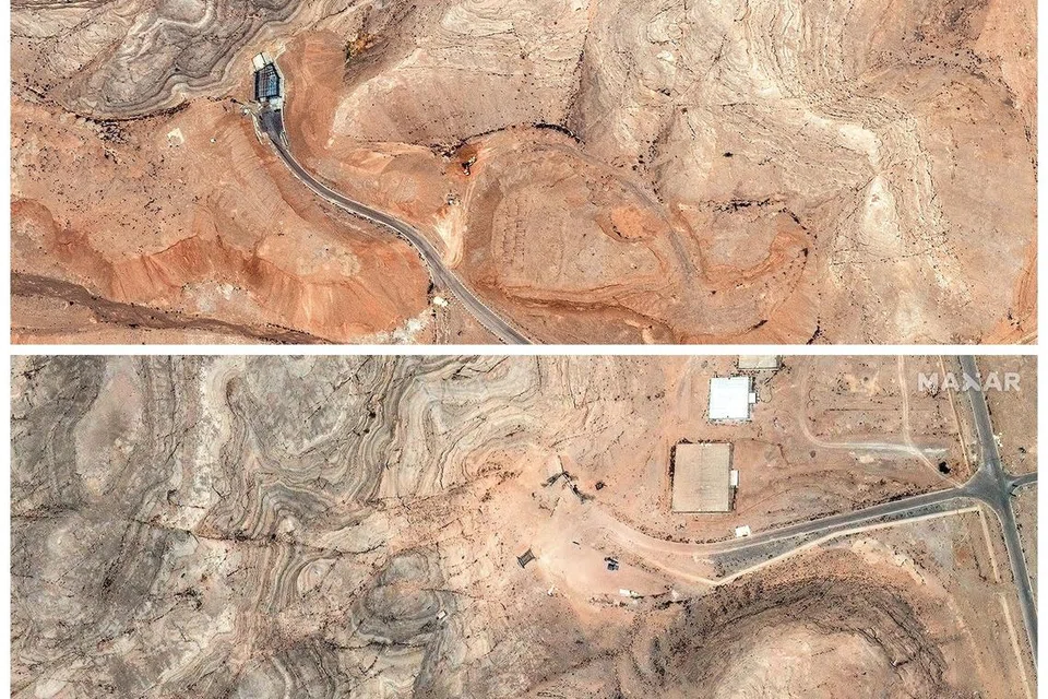 Gambar gabungan menunjukkan imej satelit pintu masuk terowong di Pusat Penyelidikan Teknologi Nuklear Isfahan di Iran, sebelum dan selepas diserang oleh tentera udara Amerika Syarikat yang berlaku di tengah-tengah konflik Iran-Israel, pada 20 Jun 2025.