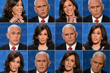 SEJUTA MAKNA: Gambaran wajah-wajah calon naib presiden bagi Parti Demokrat, Cik Kamala Harris, dan Naib Presiden Mike Pence, dari Parti Republikan, menunjukkan pelbagai reaksi berbeza semasa sesi perbahasan mereka di University Utah, Salt Lake City, 9 pagi semalam waktu Singapura. - AFP
