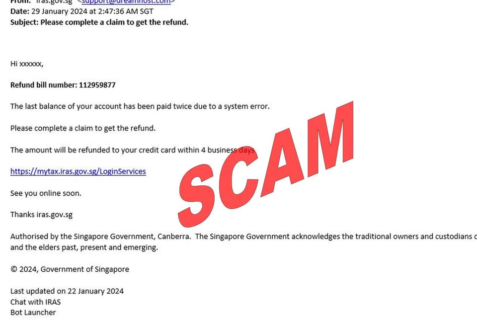 Tangkap layar contoh e-mel pancingan data yang membawa pembayar cukai ke laman web palsu.