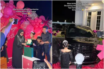 Cik Farhana (kiri) menghadiahkan anak sulung perempuannya, 11 tahun, dengan sebuah komputer Apple, jam tangan Rolex dan kereta Toyota Vellfire.