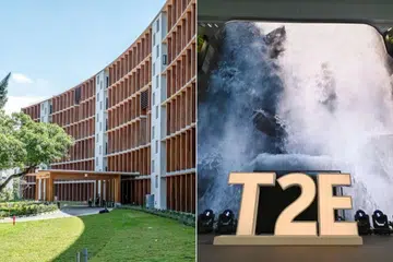 Gaia, bangunan kayu terbesar di Asia yang menempatkan Sekolah Perniagaan Universiti Teknologi Nanyang (NTU) (kiri), memenangi hadiah utama di bawah kategori kampus tercantik di dunia, manakala Terminal 2 Lapangan Terbang Changi (kanan) menerima hadiah istimewa bagi bahagian dalaman pada pertandingan Anugerah Seni Bina dan Reka Bentuk Prix Versailles 2024, dalam kategori lapangan terbang tercantik di dunia.