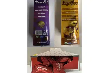 RISIKO KESIHATAN: HSA mengeluarkan amaran ke atas tiga produk yang boleh mendatangkan risiko kesihatan, (dari atas kiri, ikut putaran jam) Choco Fit, Coco Curv dan Hamer Candy. - Foto-foto HSA