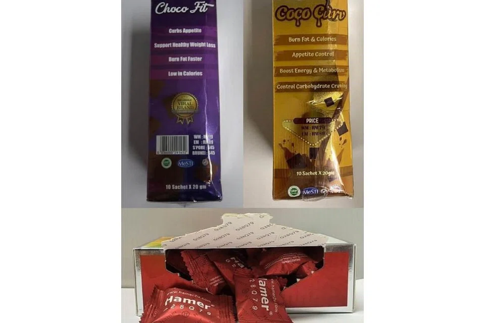 RISIKO KESIHATAN: HSA mengeluarkan amaran ke atas tiga produk yang boleh mendatangkan risiko kesihatan, (dari atas kiri, ikut putaran jam) Choco Fit, Coco Curv dan Hamer Candy. - Foto-foto HSA
