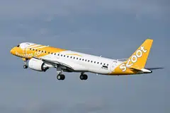 Scoot membuka tempahan bagi penerbangan ke Kertajati dan Melaka  menggunakan jet Embraer E190-E2 seperti ini.mulai 6 Ogos. 