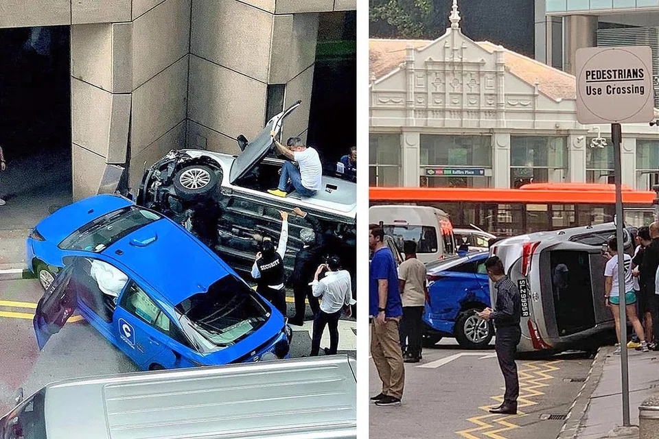 BERTEMBUNG: Sebuah teksi dan sebuah kereta bertembung di Robinson Road semalam. - Foto FACEBOOK SINGAPORE ROADS ACCIDENT.COM