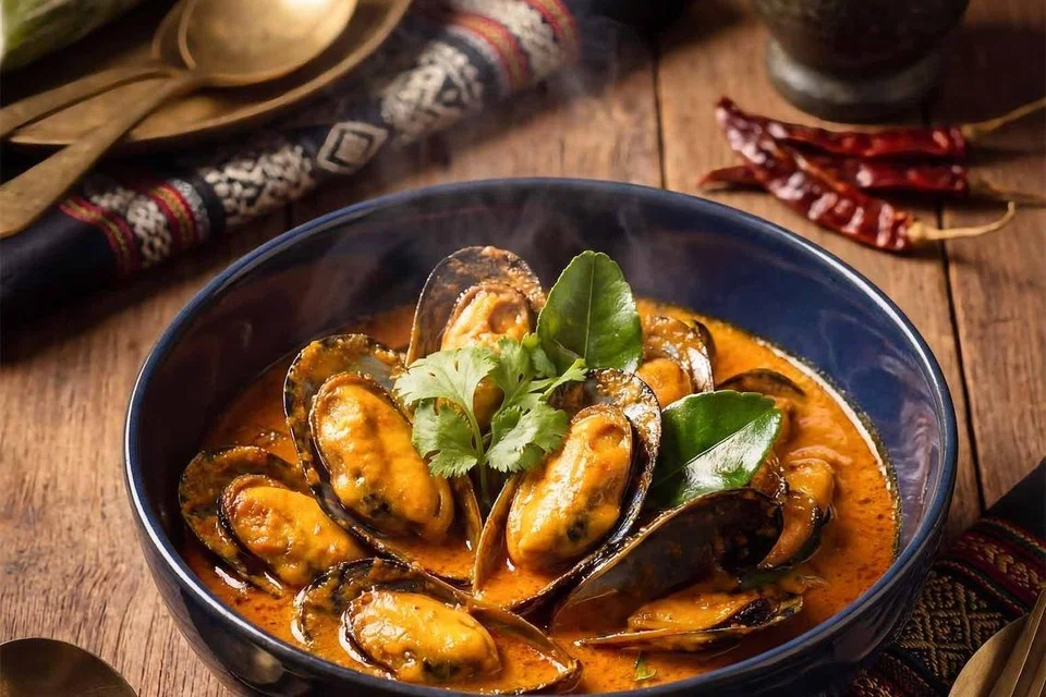 Hidangan ‘Gaeng Kua Hoi Ma Laeng Phu Bai Cha Plu’, kari merah dengan kupang dan daun kaduk yang kaya dengan aroma herba.