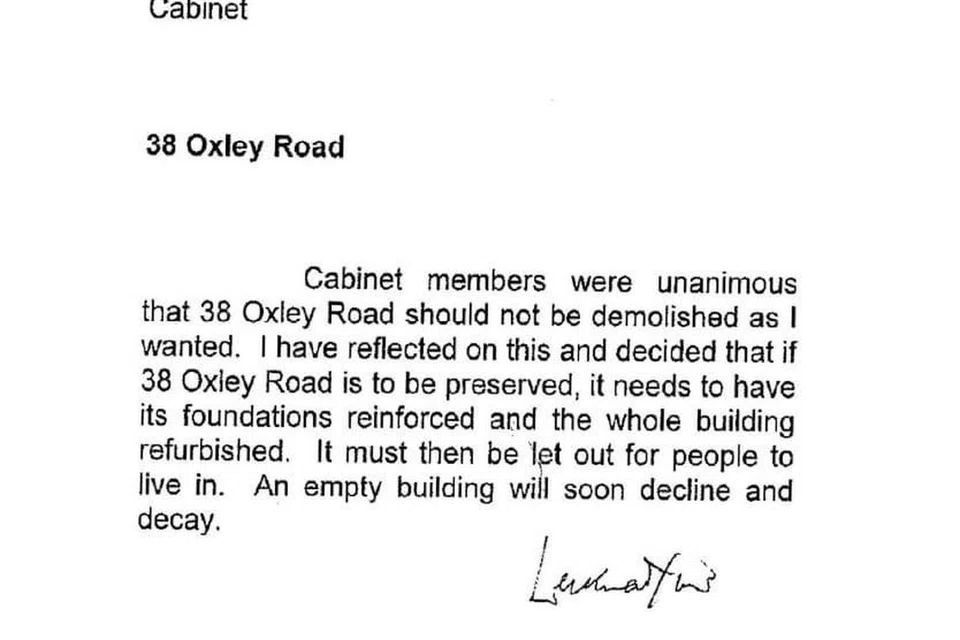 Dalam surat yang ditulis kepada Kabinet oleh Encik Lee Kuan Yew pada 27 Disember 2011, mendiang Encik Lee mengakui anggota Kabinet sebulat suara berpendapat bahawa rumah itu tidak harus dirobohkan.